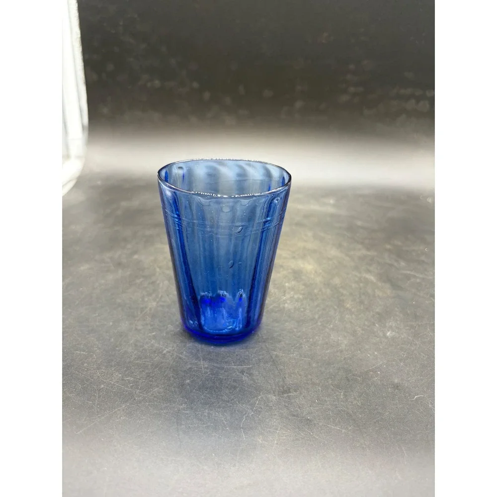 Vintage Cobalt Blue Hand Blown Ribbed Glass Tumbler 4.5 Inch Cup